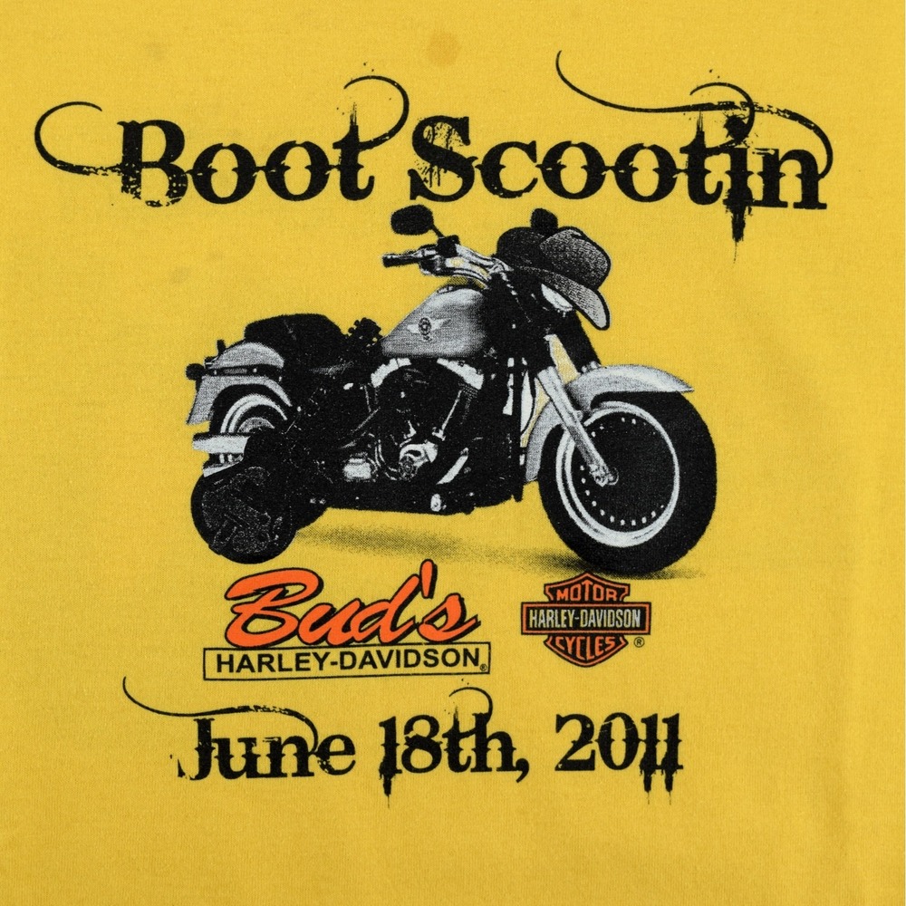 Harley Davidson Mens XL Yellow Buds Evansville IN Boot Scootin Biker Graphic Tee - Picture 2 of 12